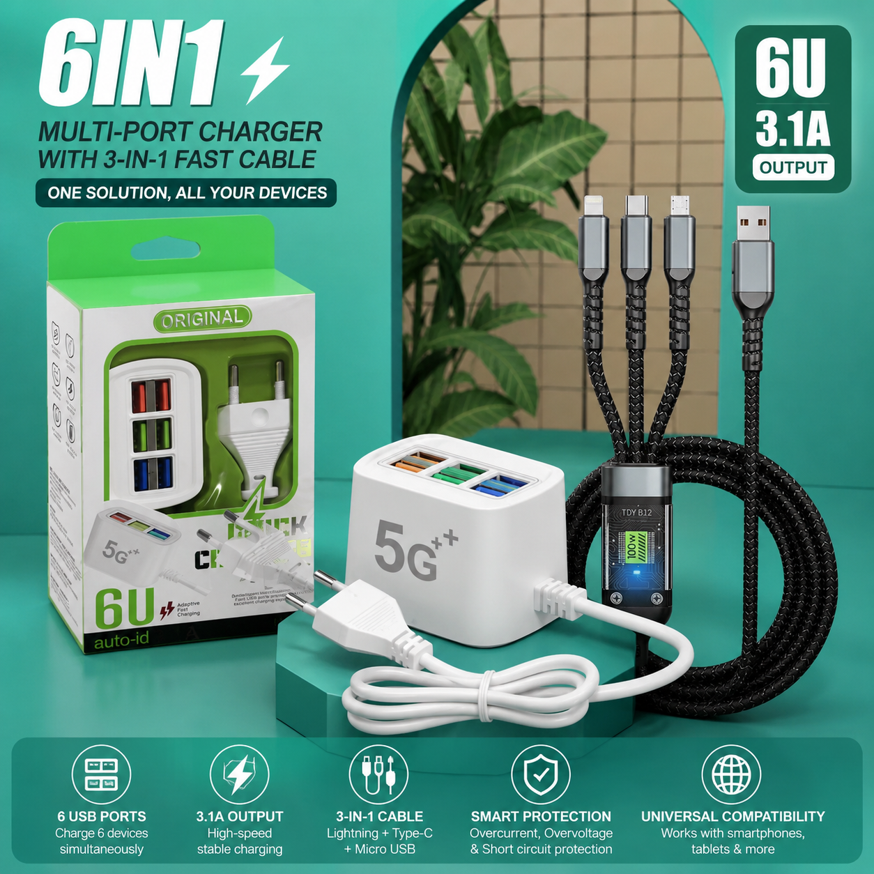 Universal Power Socket 6 in 1 – Fast Charge + Safety Protection